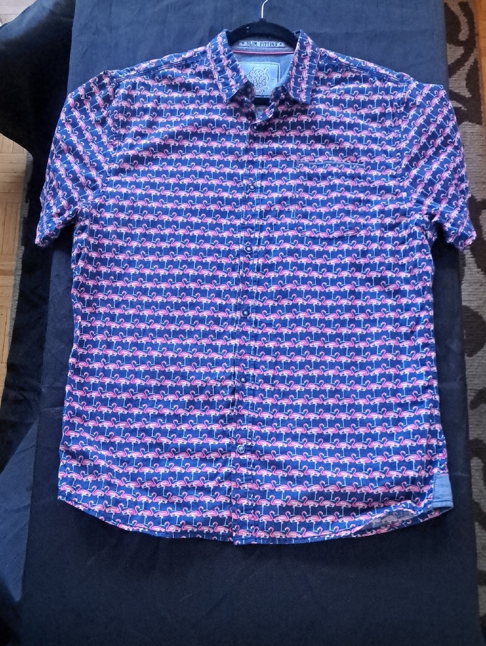 🦩Short-Sleeve Flamingo Print Button-Up Mens Summer Shirt - Navy & Pink